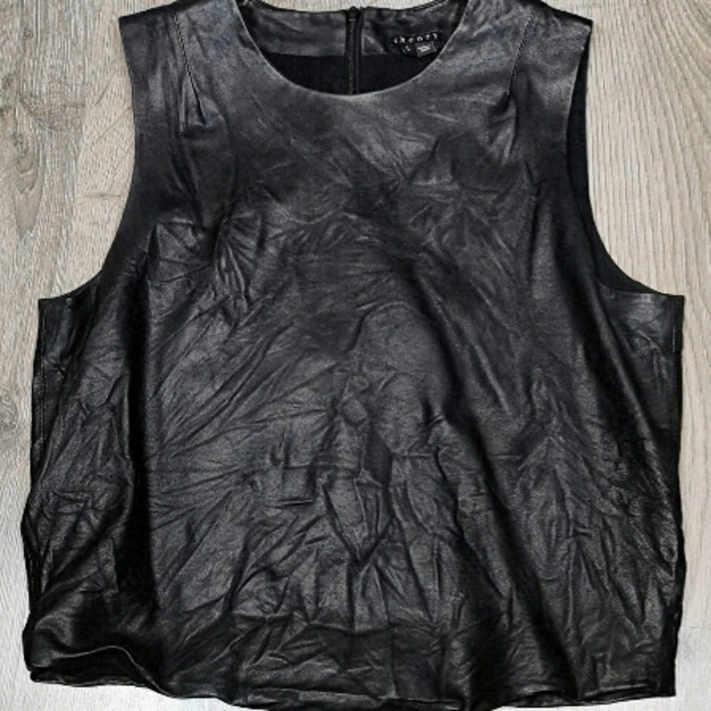 00s vintage Theory washed lined black leather sleeveless shell top